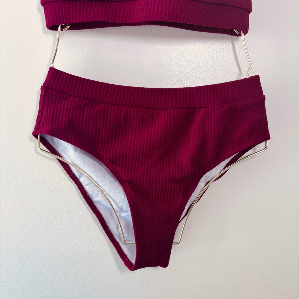 Solid Red Ribbed Two Piece High Leg Bralette Styl… - image 4